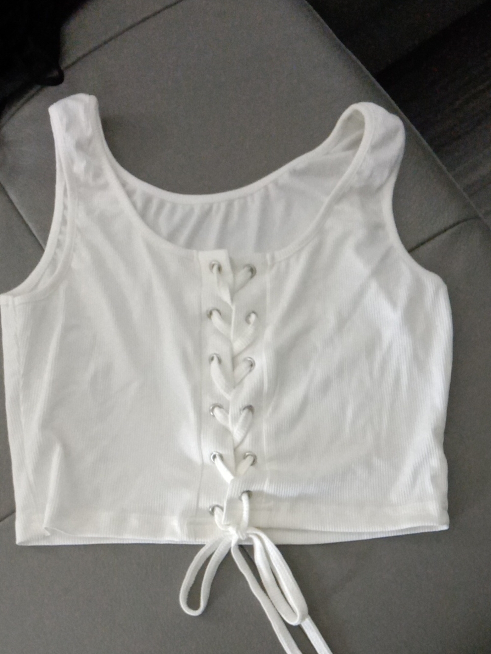 White Lace-Up Ribbed Crop Tank Top